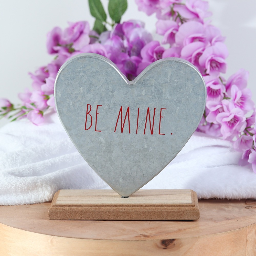 Rae Dunn Be Mine Galvanized Metal Heart Sign Wooden Base Valentine Farmhouse
